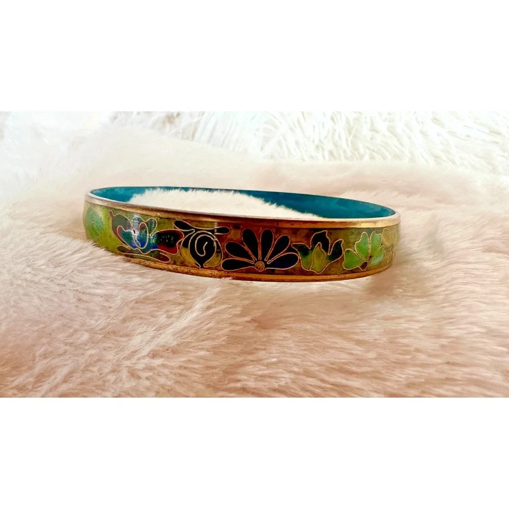 Vintage Cloisonne‎ Bangle Floral Green Teal Enamel Brass Bracelet Earth Tones